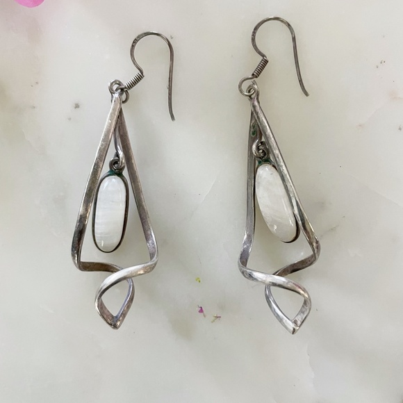 Moonstone Sterling Silver Dangle Drop Twirly Earrings - Picture 4 of 11